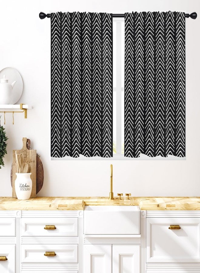 Coxila Black and White Kitchen Window Curtains 27.5 x 39 Inch Small Short Mini Cafe Rod Pocket Geometric Herringbone Chevron Living Bedroom Room Home Treatment Set of 2 Curtain Panels Drapes Tiers - Image 1